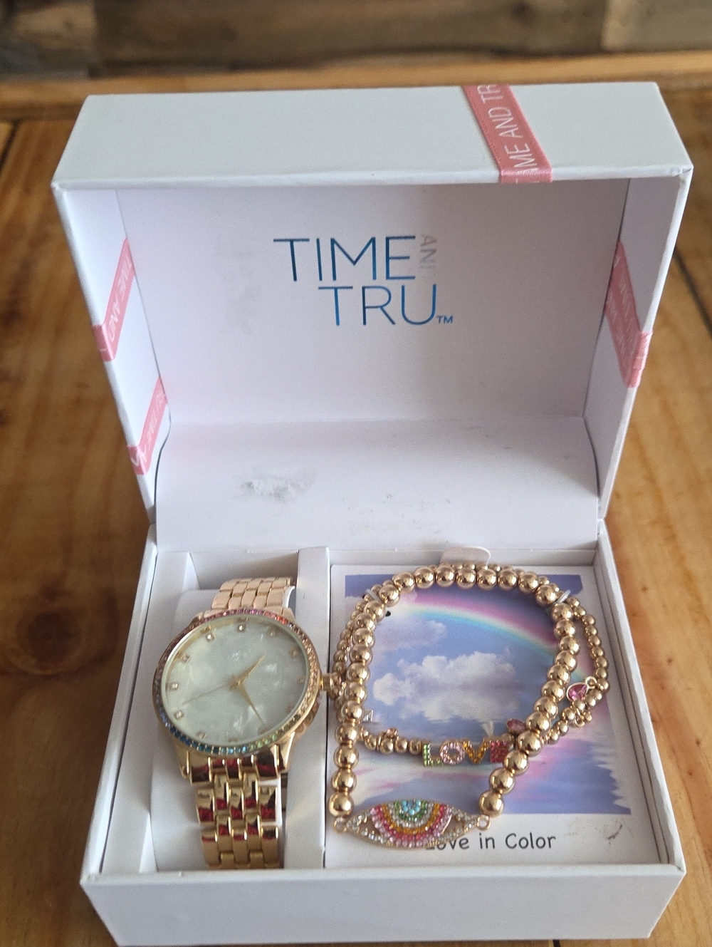 Time and Tru Gold-Tone Watch and Beaded Bracelet Set with Mother-of-Pearl Dial